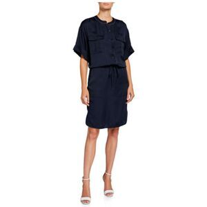 Lafayette 148 Benson Blue Crew Neck Shirt Dress Navy Crystal Embellished Sz M
